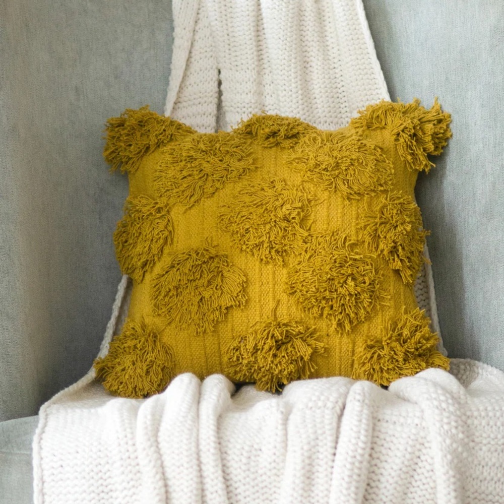 MUSTARD POMS CUSHION Pillow COVER 18”